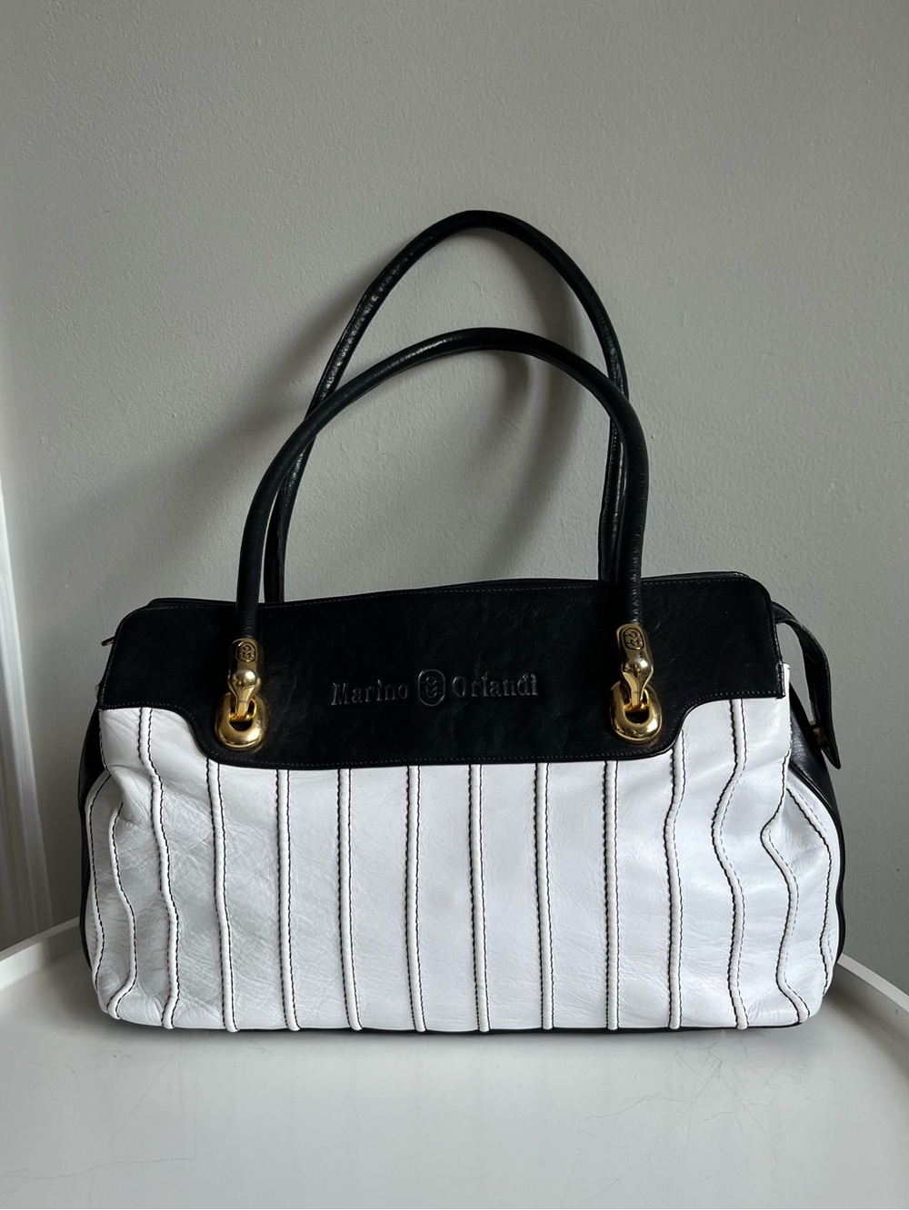 Marino Orlandi Genuine Leather Black White Bag Italy Vintage